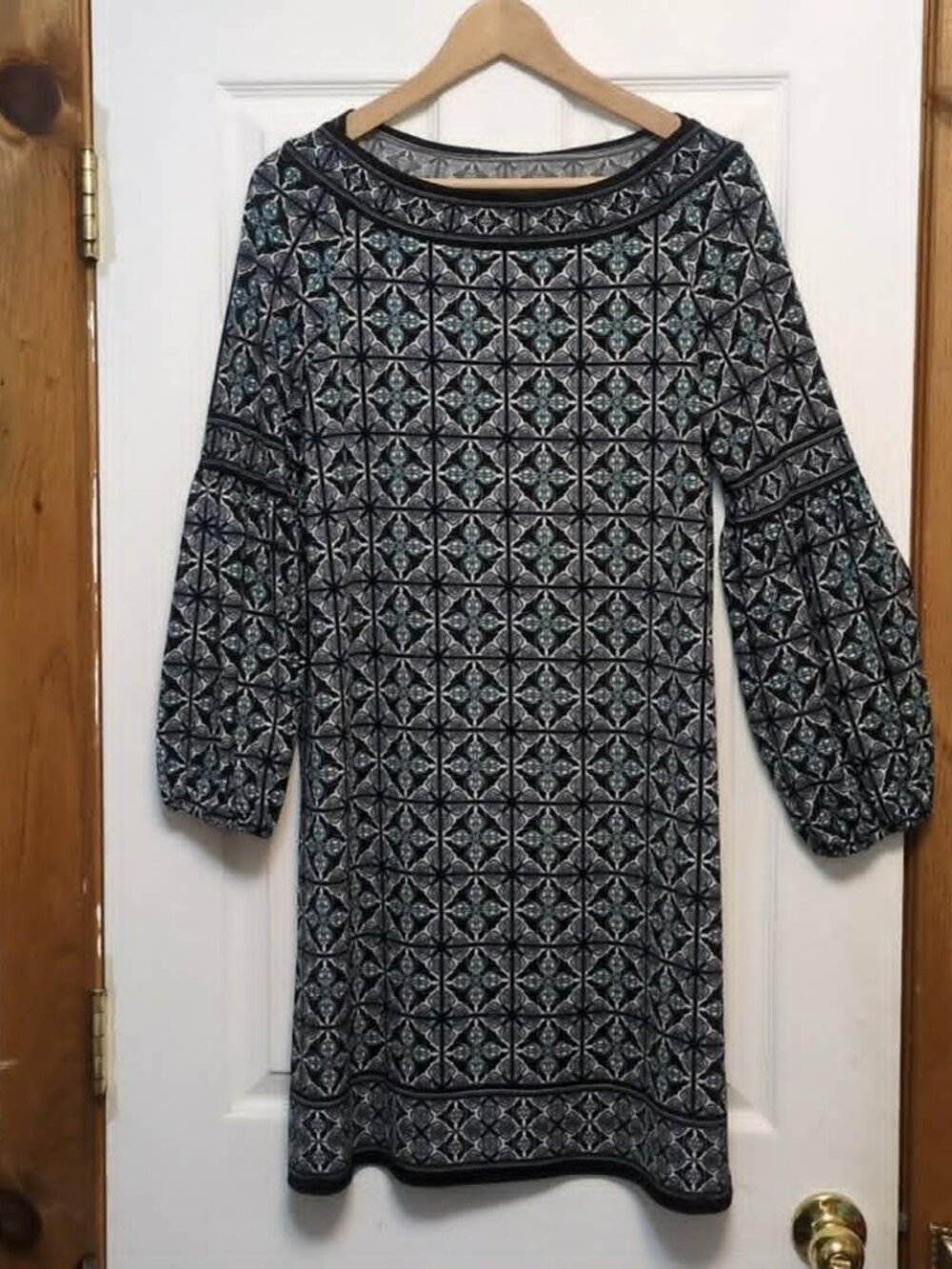 Max Studio Bishop Balloon Sleeve Shift Tunic Dress Sz Med Blue Geo Print Retro